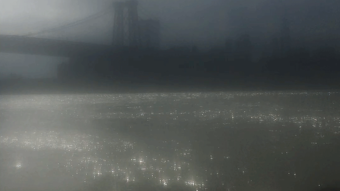 A luminescent body of water foregrounding a darkened Manhattan bridge and skyline.