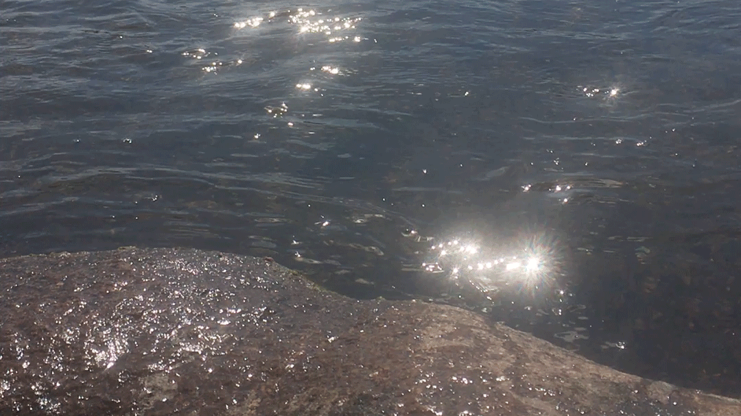 The tip of a rock hanging over water moving slowly towards it, the surface twinkling with light.