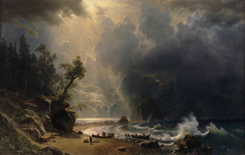 A 19th ce. Romanticist-style painting depicting the Puget Sound coastline.