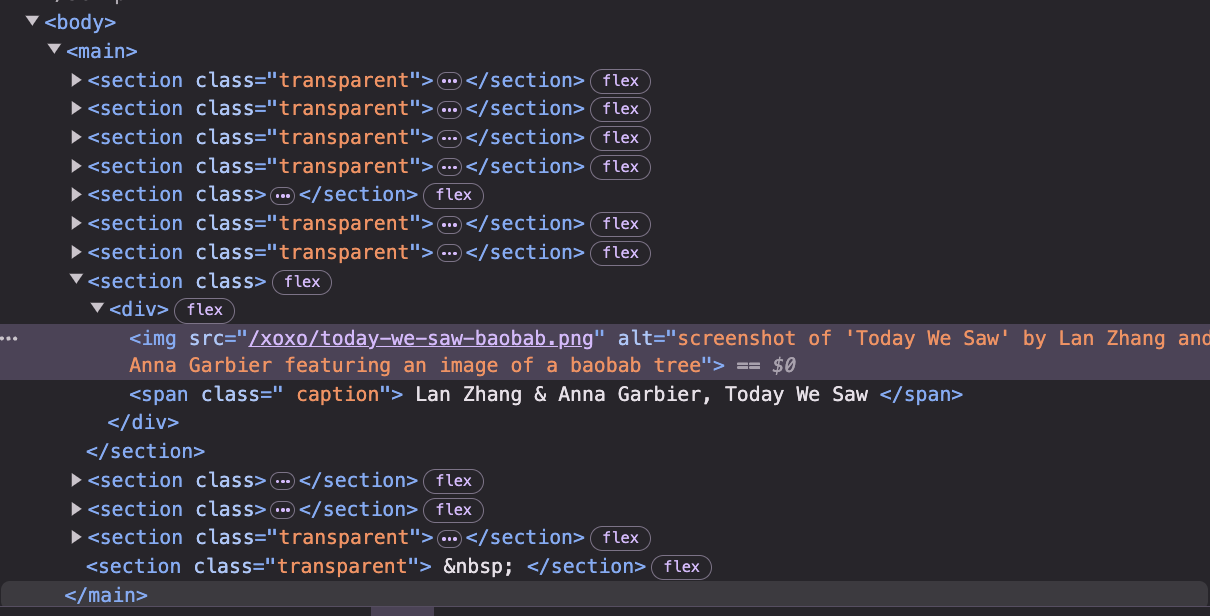 screenshot of html showing 'Today We Saw' by Lan Zhang and Anna Garbier featuring an image of a baobab tree